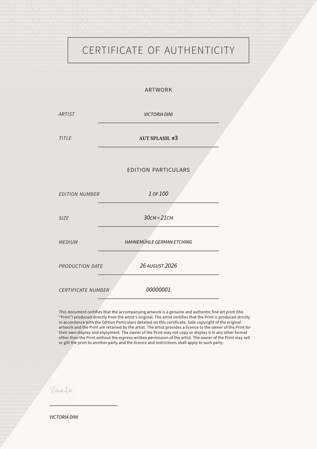 Aut Splash. #3 — Certificate of Authenticity
