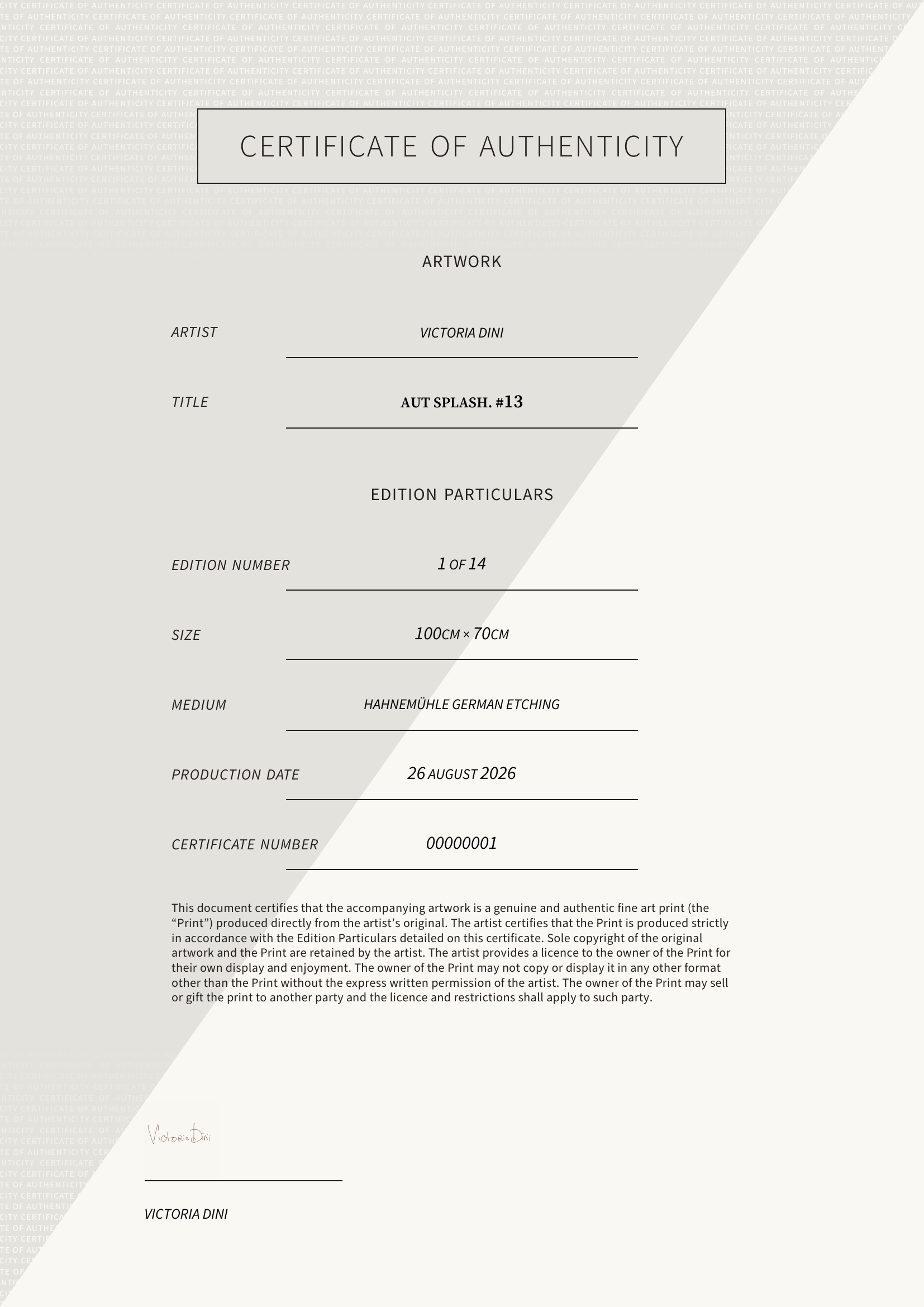 Aut Splash. #13 — Certificate of Authenticity