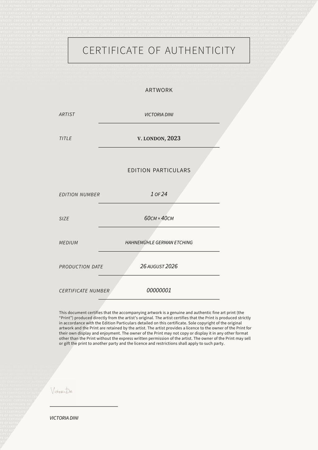 V. London, 2023 — Certificate of Authenticity